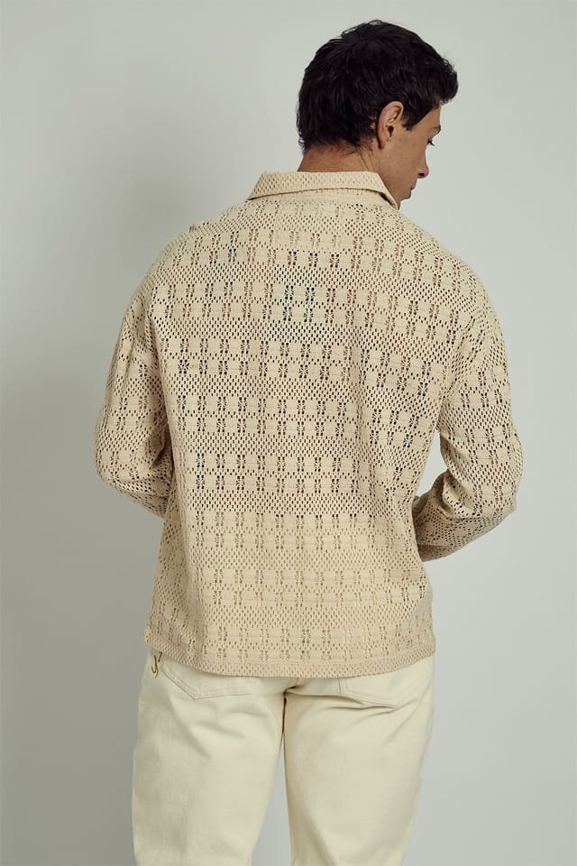 Native Youth Native Youth Men's Long Sleeve Crochet Knit Polo Shirt in Cream - 2