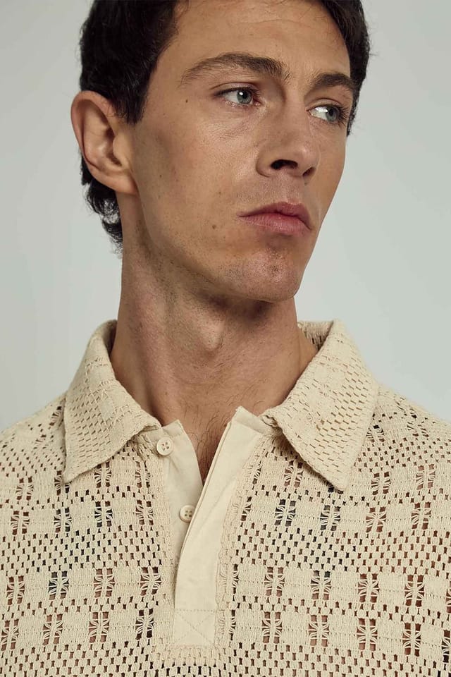Native Youth Native Youth Men's Long Sleeve Crochet Knit Polo Shirt in Cream - 3