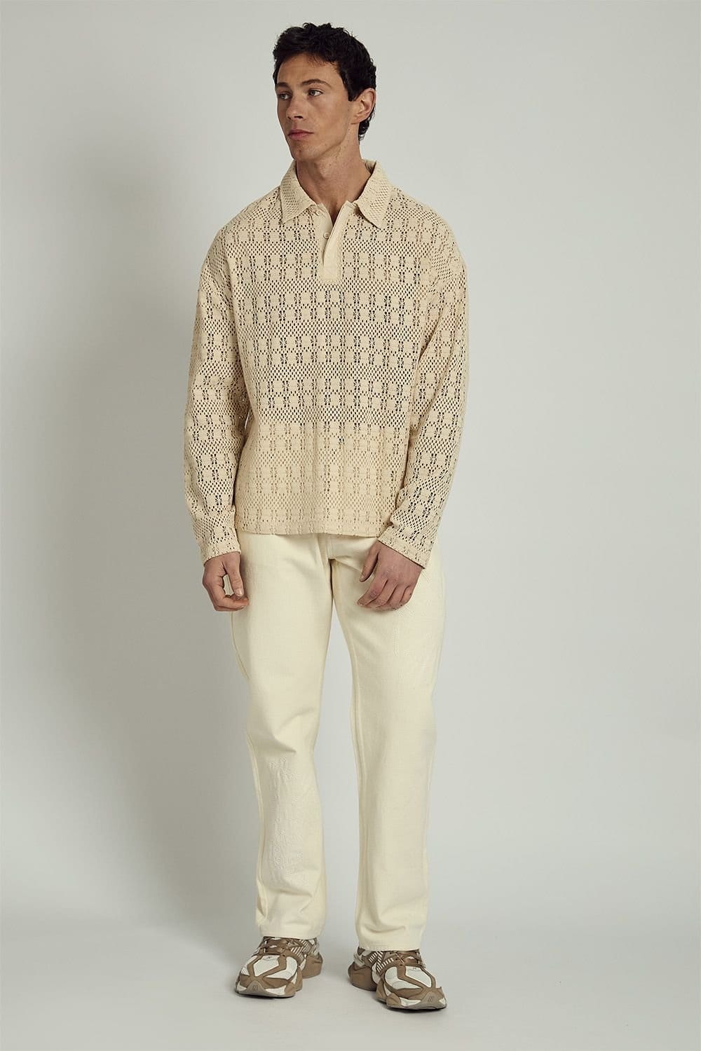 Native Youth Native Youth Men's Long Sleeve Crochet Knit Polo Shirt in Cream - 4