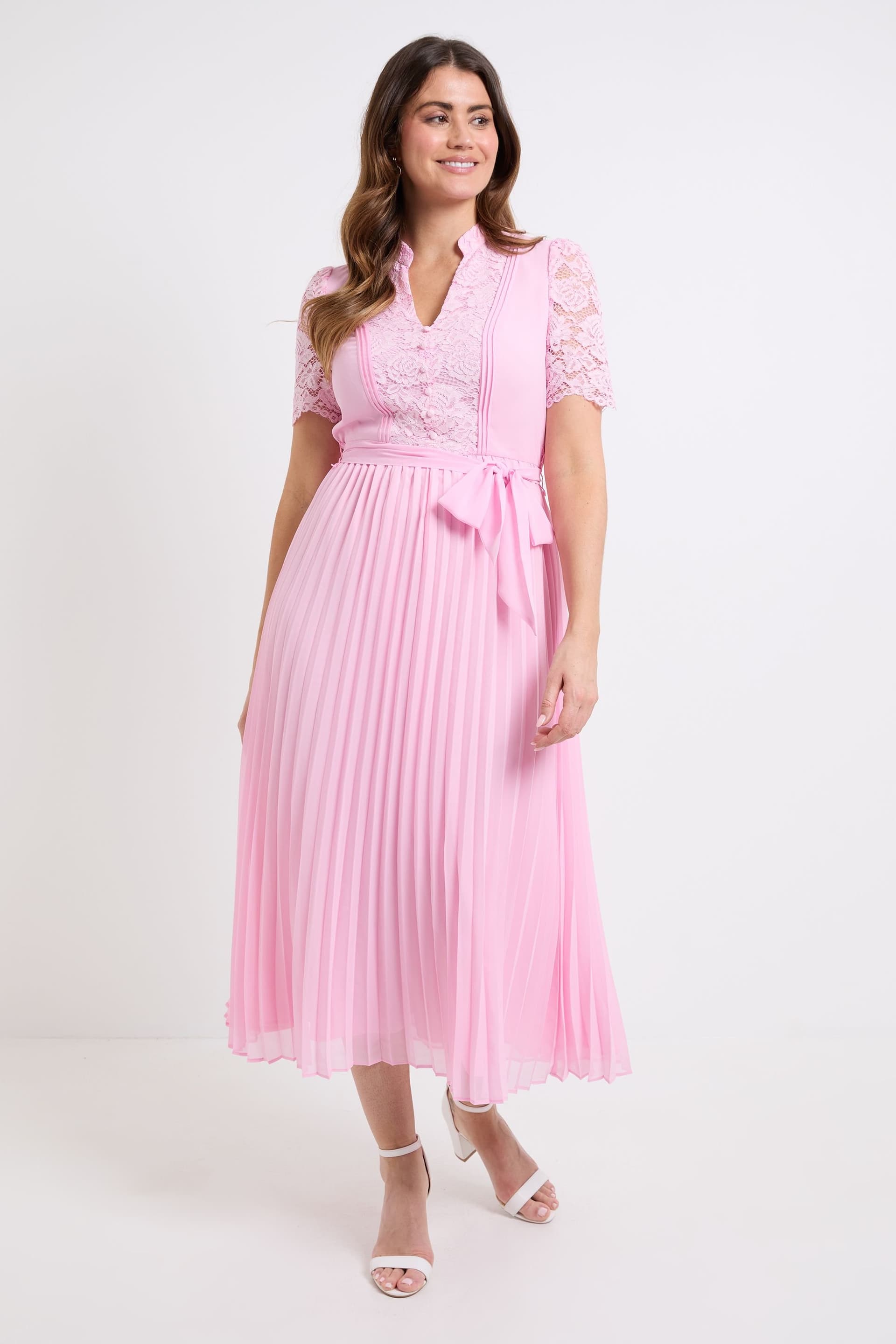 Wallis Wallis Women's Lace Collarless Pleated Midi Dress in Pink