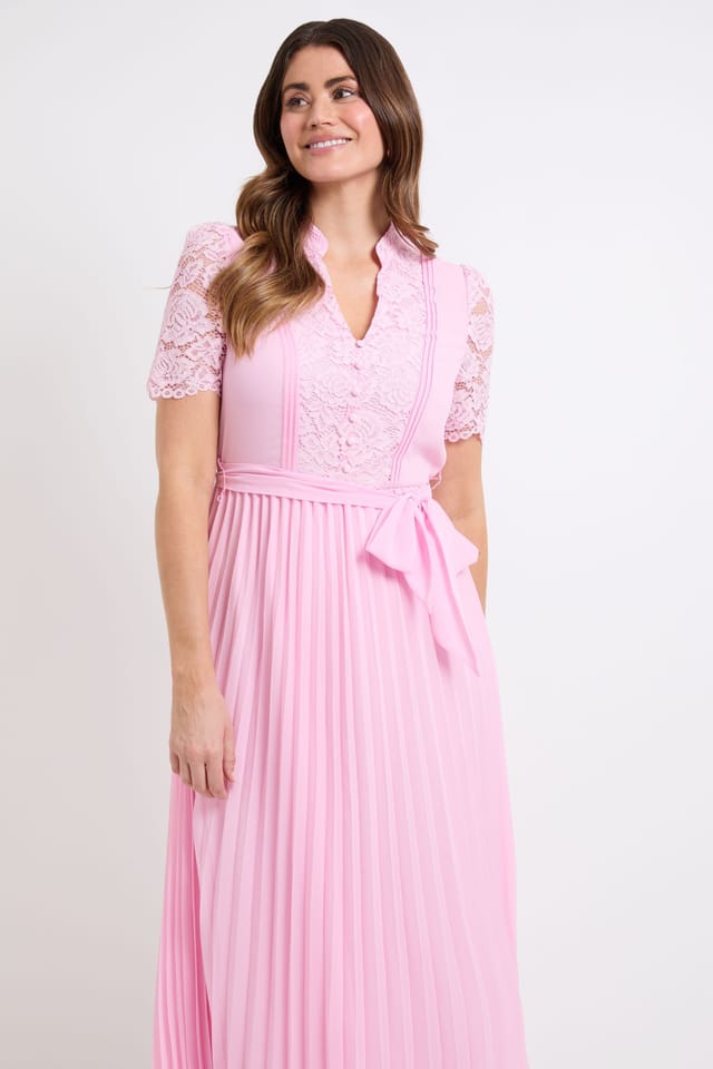 Wallis Wallis Women's Lace Collarless Pleated Midi Dress in Pink - 2