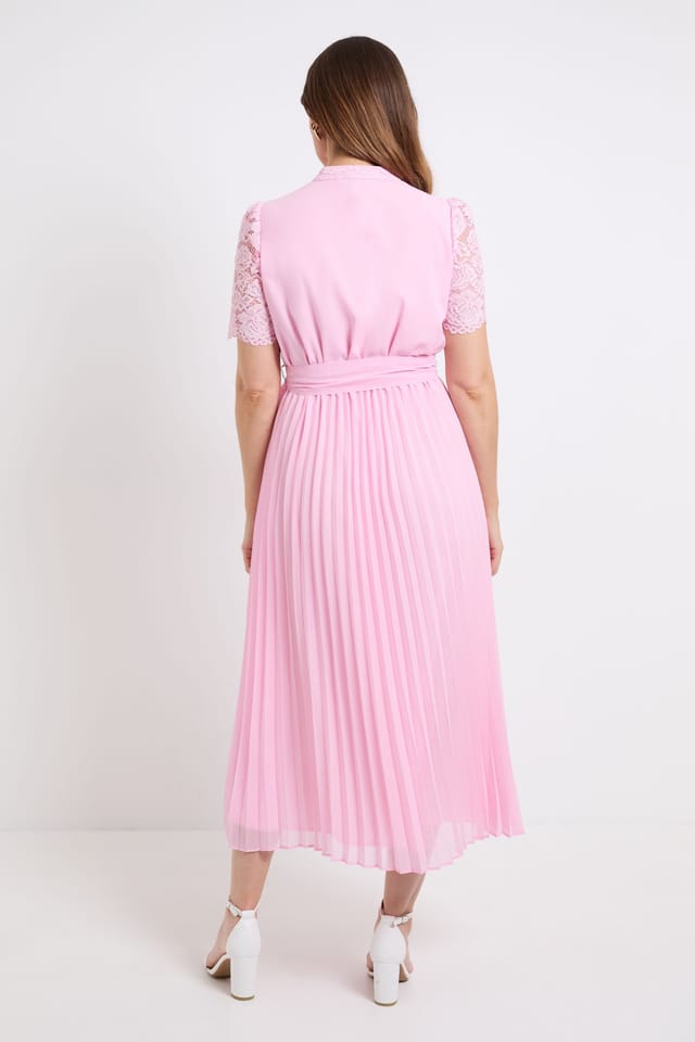 Wallis Wallis Women's Lace Collarless Pleated Midi Dress in Pink - 3