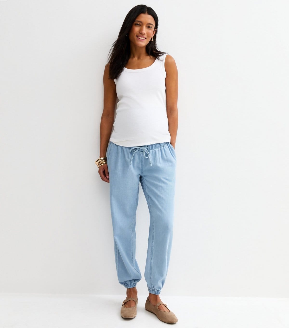 New Look Women's Maternity Light Blue Denim Look Cuffed Over Bump Joggers New Look - 1