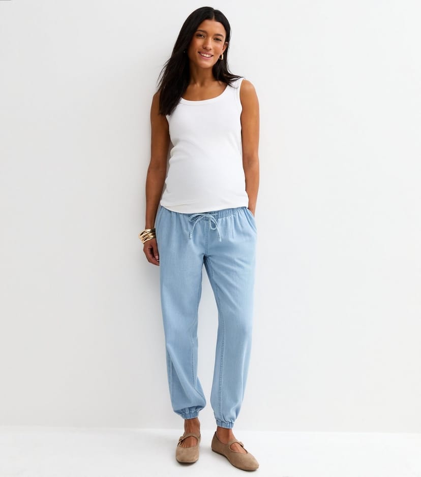 New Look Women's Maternity Light Blue Denim Look Cuffed Over Bump Joggers New Look - 1