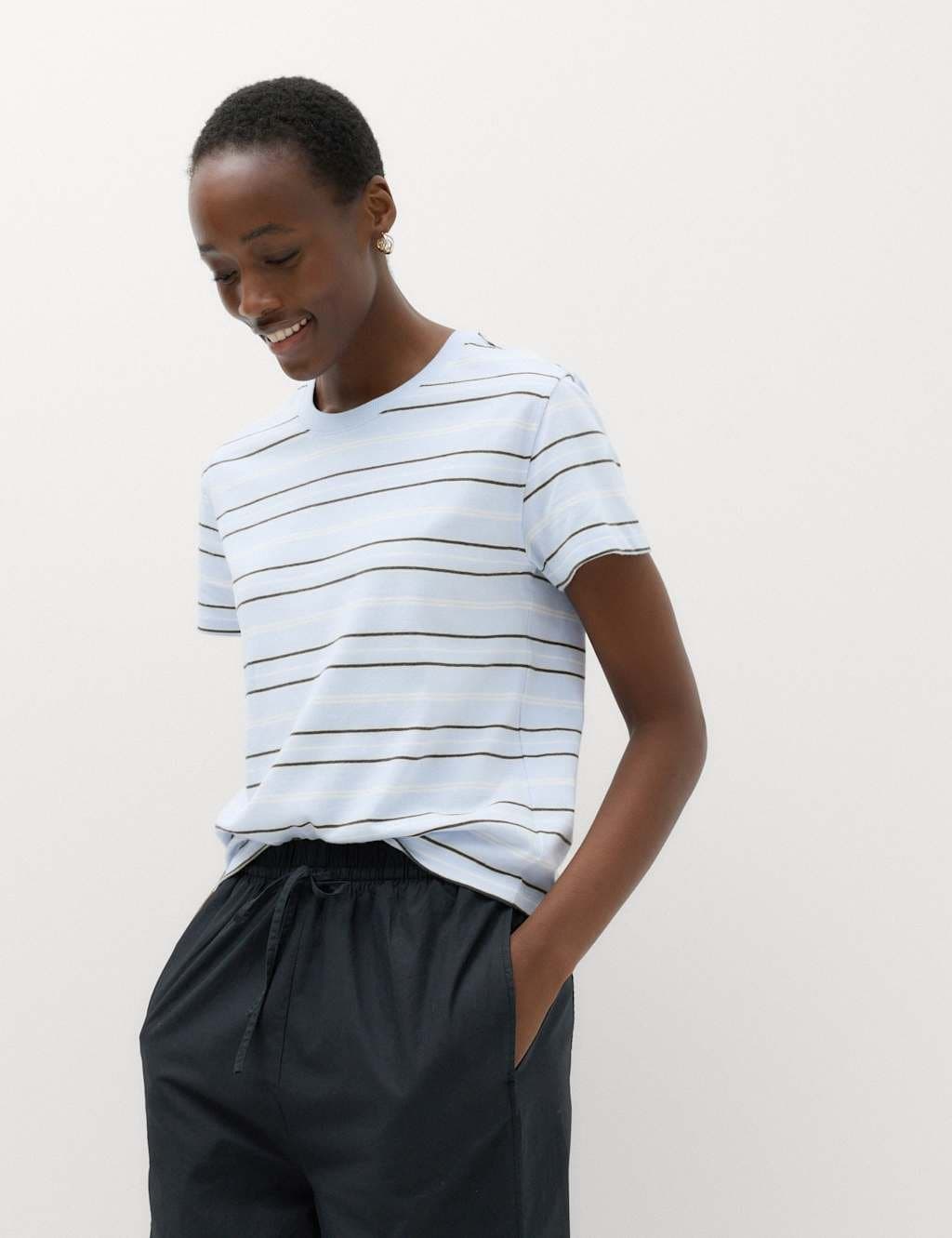 Marks & Spencer M&S Pure Cotton Striped T-Shirt Blue Mix