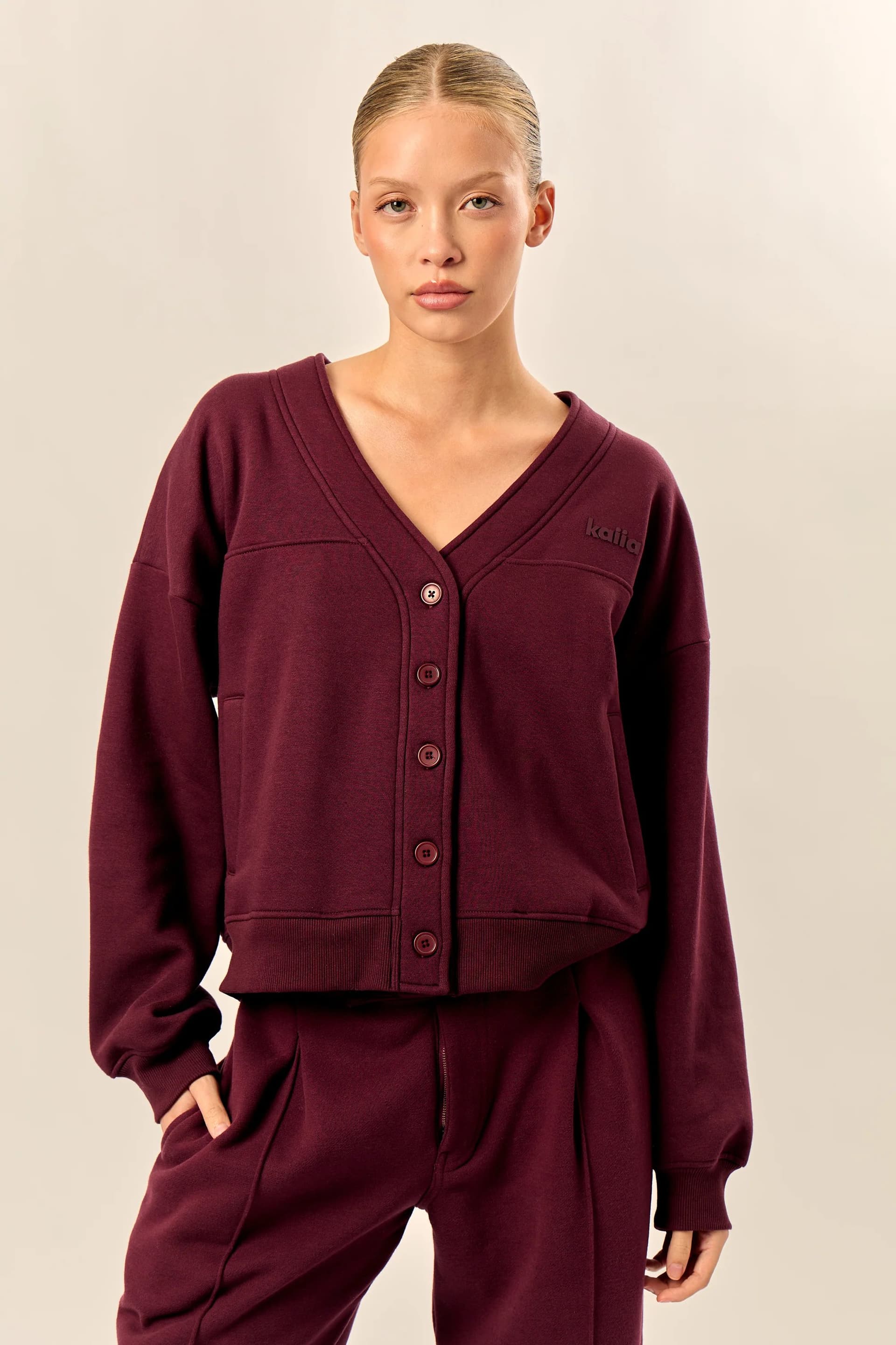 Kaiia Kaiia Logo Button Down Oversized Sweat Cardigan Dark Cherry