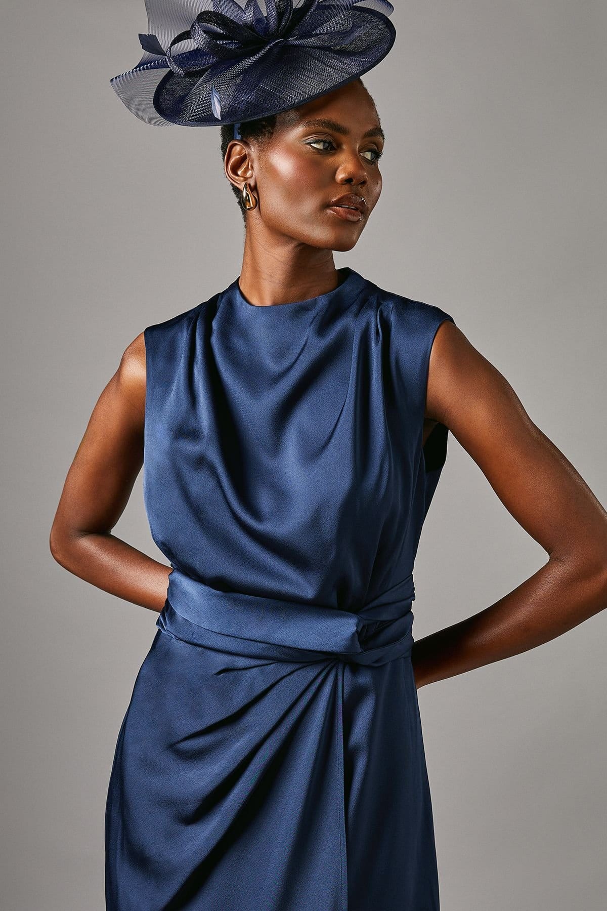 Coast Coast Women's Satin Midi Dress With Twist Waist in Navy - 4