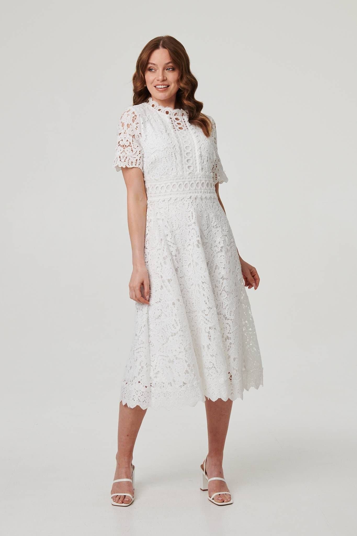 Izabel London Izabel London Women's Lace Layer Short Sleeve Midi Dress in White