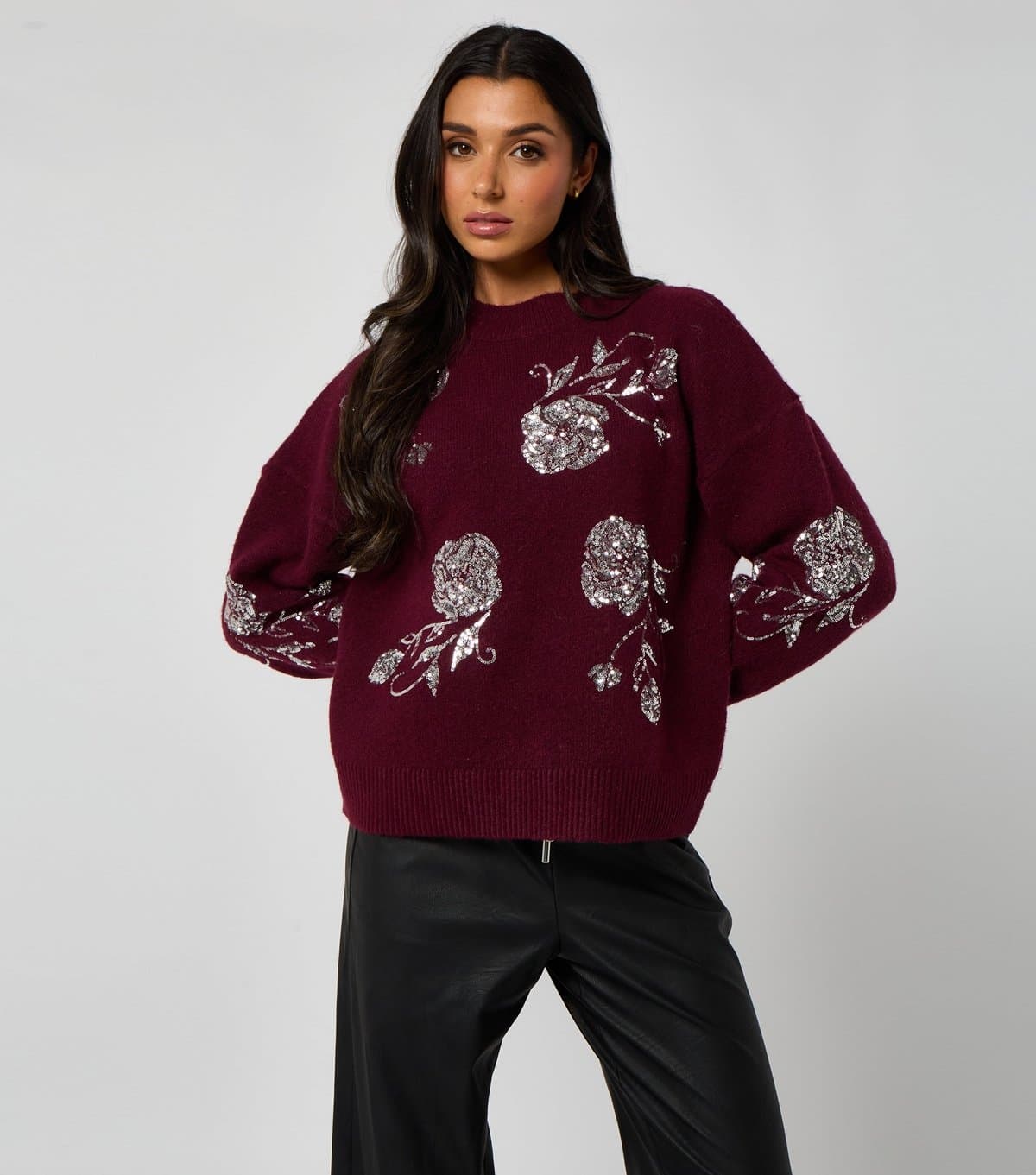 Urban Bliss Women's Dark Burgundy Floral Sequin Embroidered Jumper Urban Bliss New Look