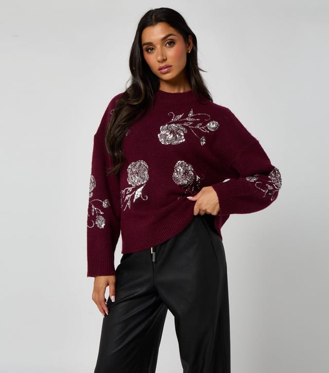 Urban Bliss Women's Dark Burgundy Floral Sequin Embroidered Jumper Urban Bliss New Look - 2