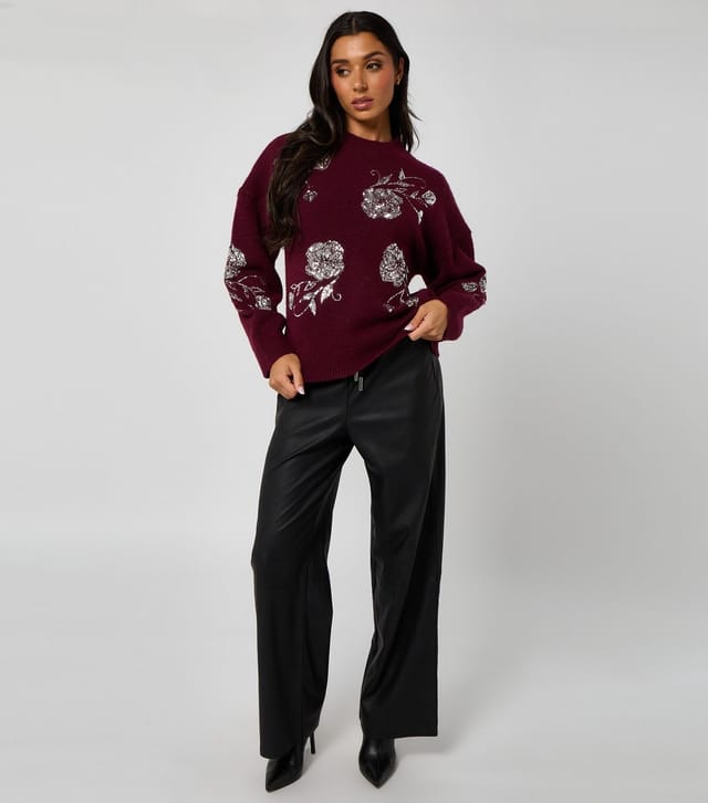 Urban Bliss Women's Dark Burgundy Floral Sequin Embroidered Jumper Urban Bliss New Look - 3