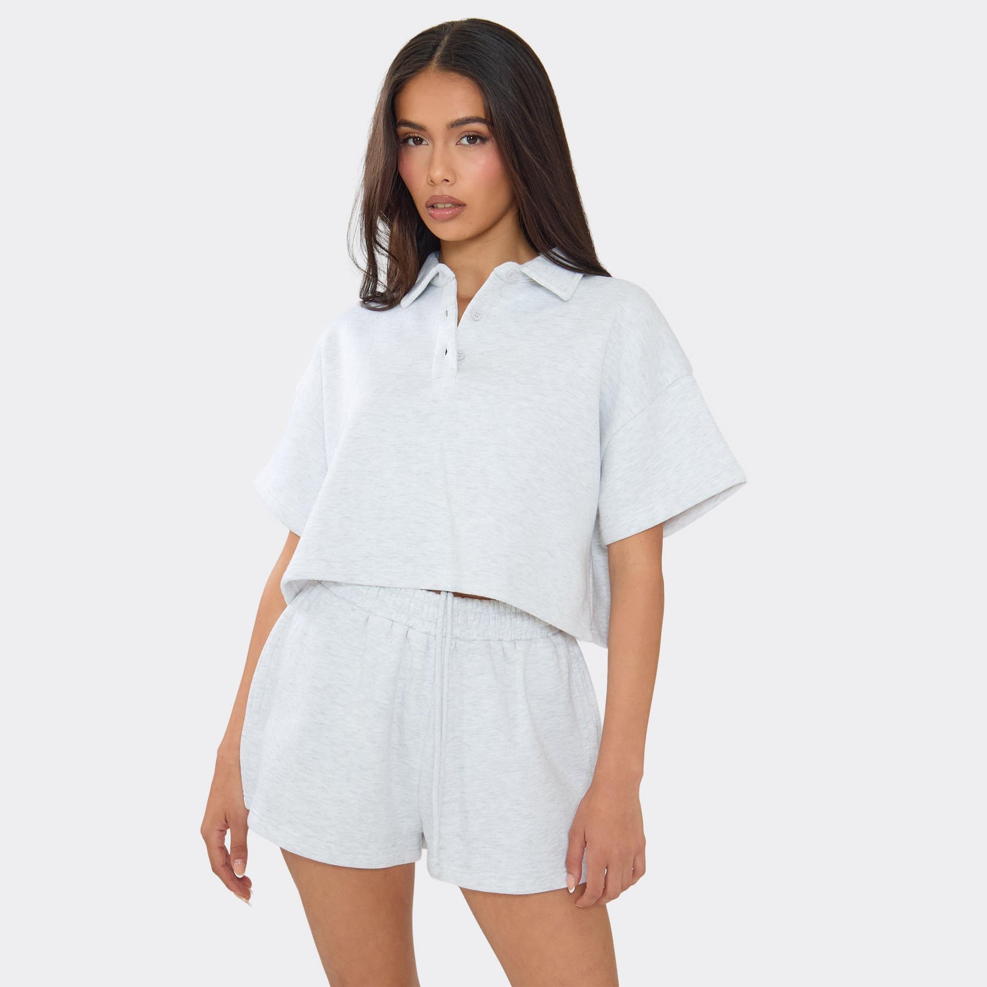 EGO Short Sleeve Collared Cropped Polo Sweatshirt In Light Grey Marl, Women's Size UK 6