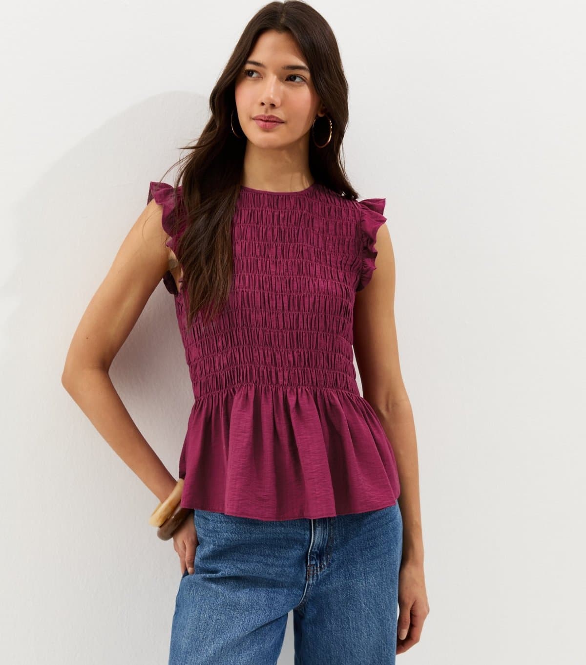 New Look Women's Dark Pink Shirred Sleeveless Frill Top New Look