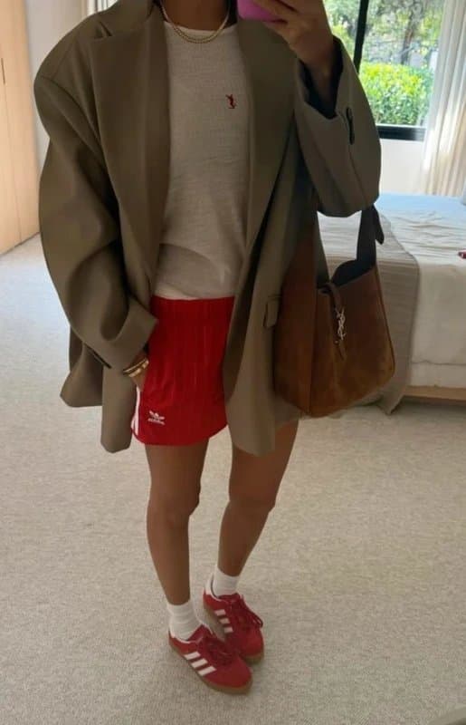 adidas Originals Adidas red oversized drawstring shorts with white stripes