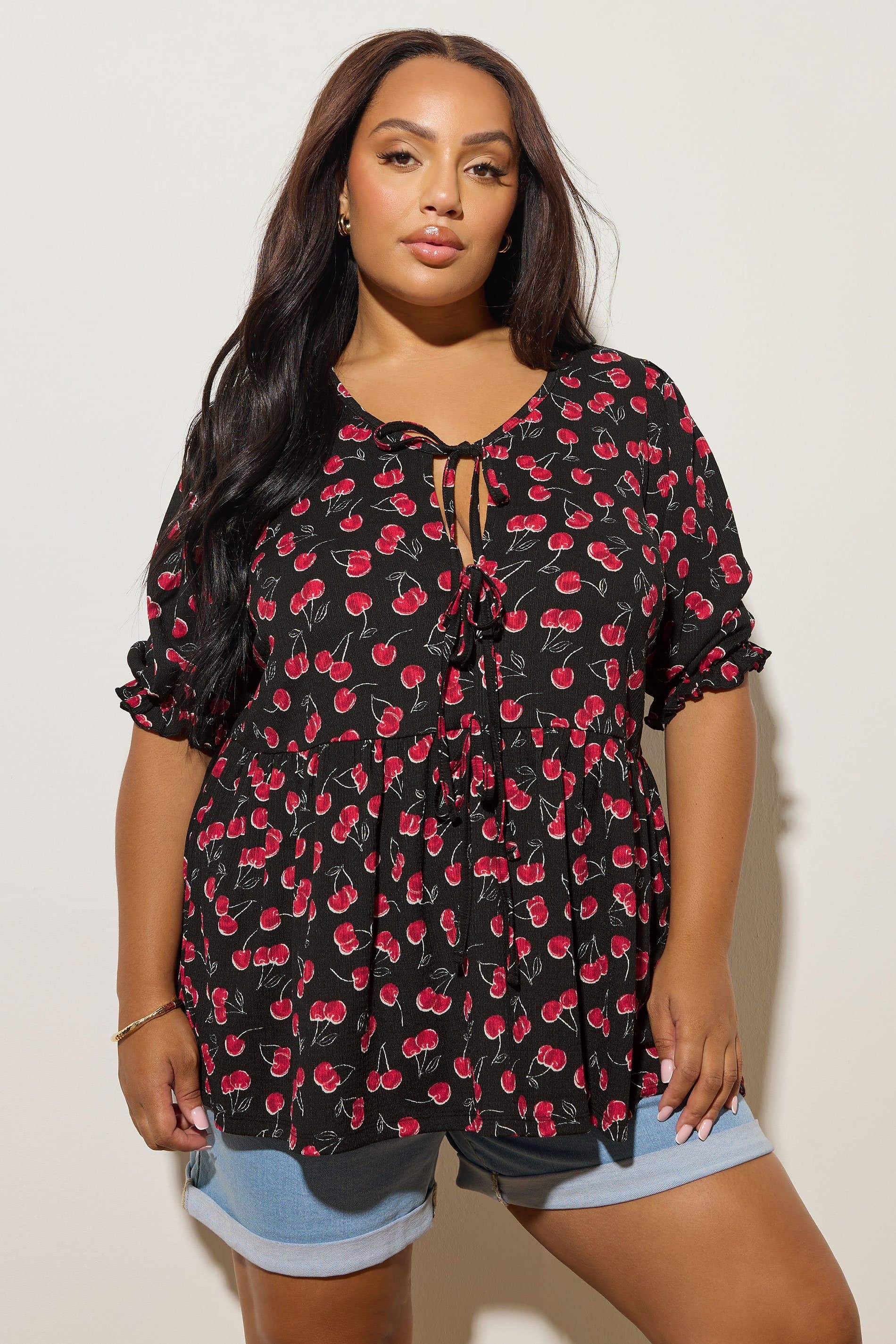 Yours Plus Size Black Cherry Bow Tie Front Peplum Top