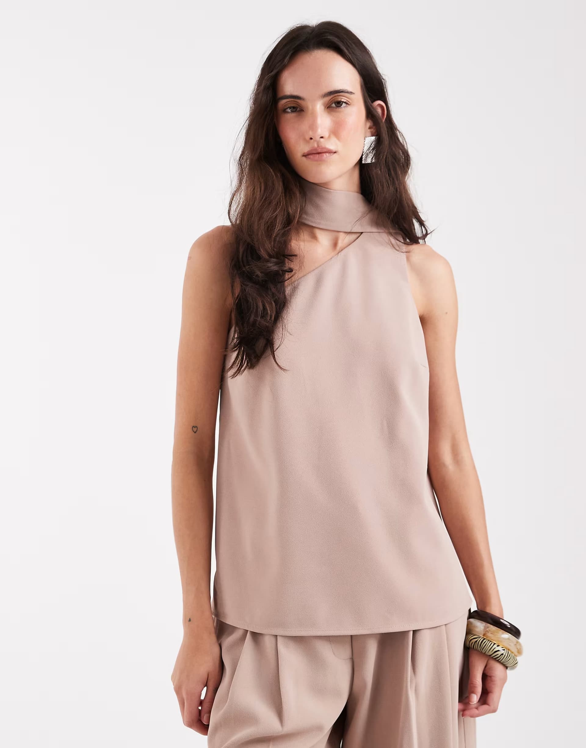 ASOS ASOS DESIGN Tailored one shoulder scarf detail top in mink