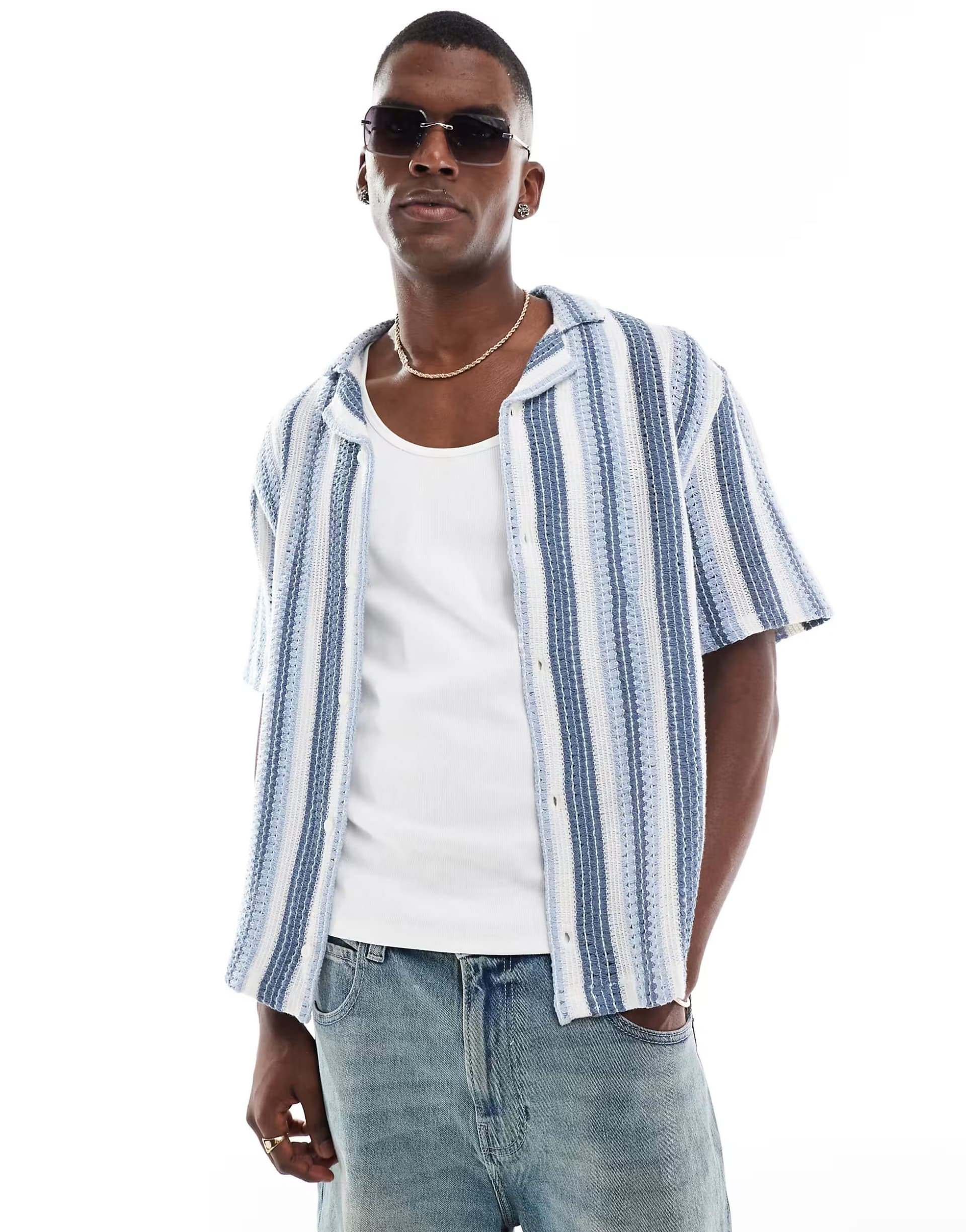 ASOS Hollister short sleeve crochet contrast stripe shirt in blue stripe