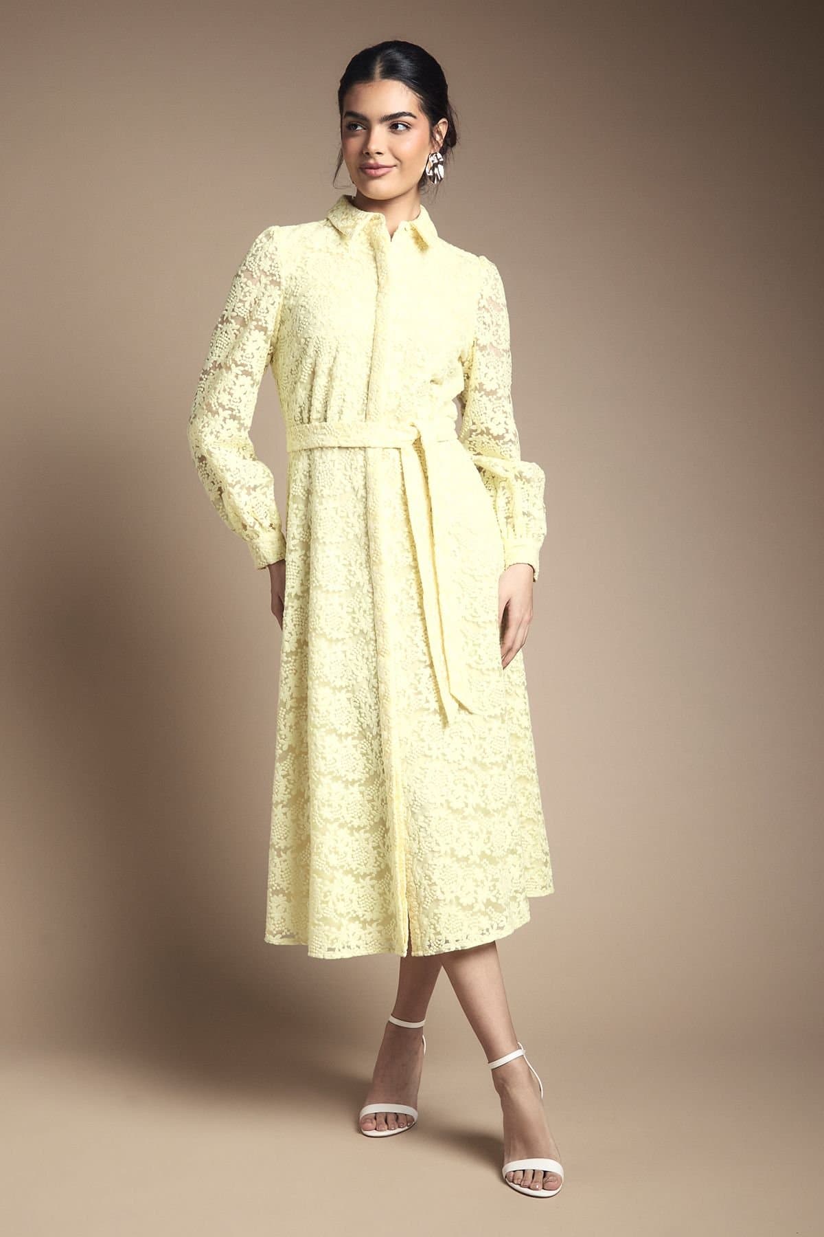 Wallis Wallis Women's Embroidered Floral Organza Shirt Midi Dress in Yellow