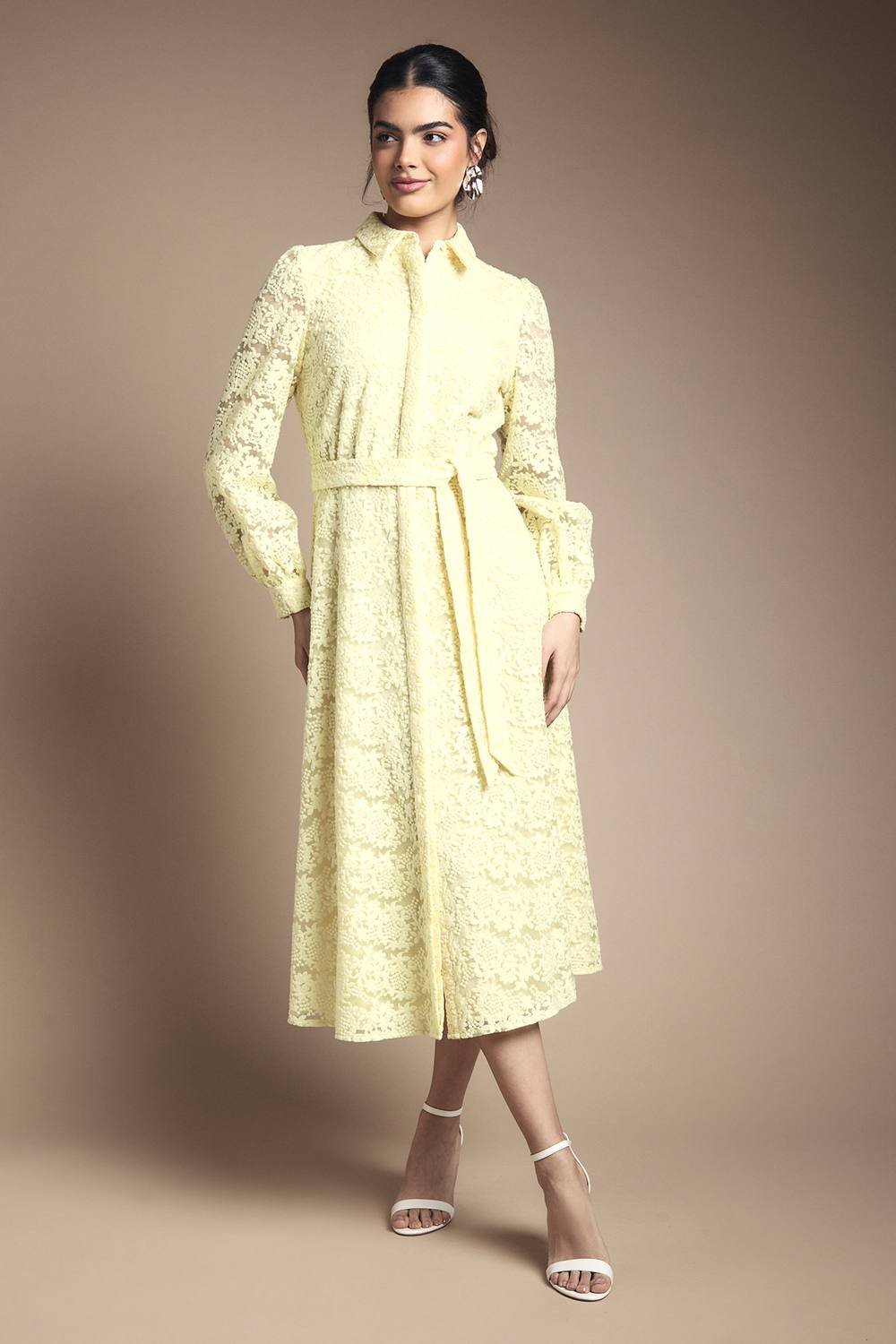 Wallis Wallis Women's Embroidered Floral Organza Shirt Midi Dress in Yellow - 2