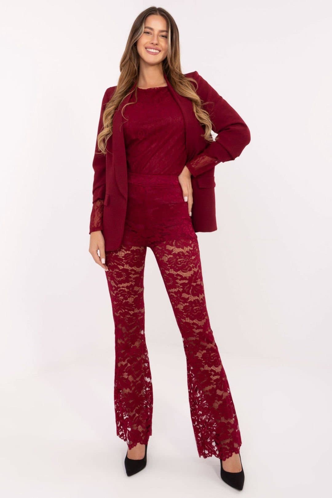 Love Lace Love Lace Women's Elegant High Waist Lace Bell Bottom Trousers in Red