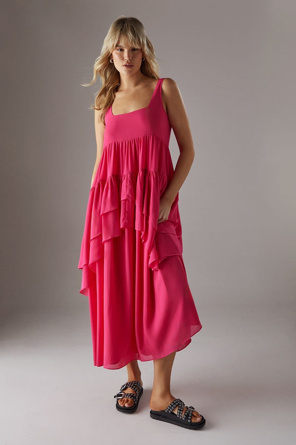 Warehouse Warehouse Women's Chiffon Ruffle Tier Smock Midi Sundress in Hot Pink