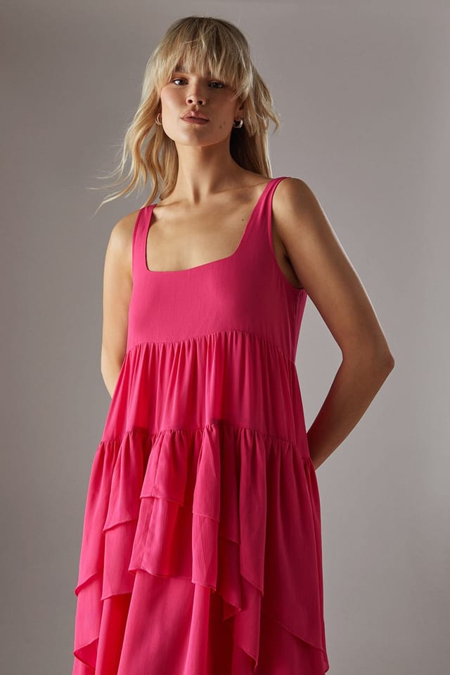 Warehouse Warehouse Women's Chiffon Ruffle Tier Smock Midi Sundress in Hot Pink - 2