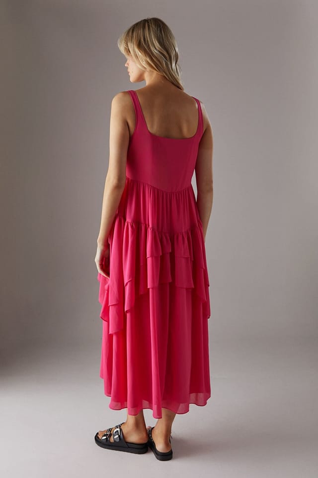 Warehouse Warehouse Women's Chiffon Ruffle Tier Smock Midi Sundress in Hot Pink - 3