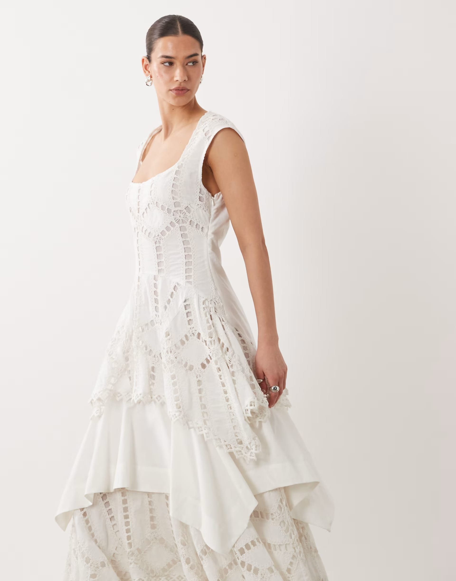 ASOS White Embroidered Maxi Dress with Layered Skirt