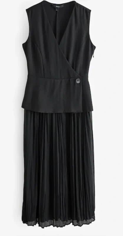 Next Next Black Sleeveless V-Neck Waistcoat Pleated Skirt Midi Dress UK 8 – Brand New With Tags