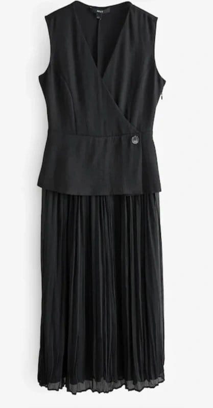 Next Black Sleeveless V-Neck Waistcoat Pleated Skirt Midi Dress