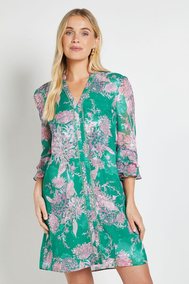 Wallis Wallis Women's Petite Floral Burn Out Ruffle Shift Dress in Green - 2