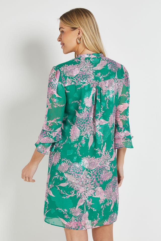 Wallis Wallis Women's Petite Floral Burn Out Ruffle Shift Dress in Green - 3
