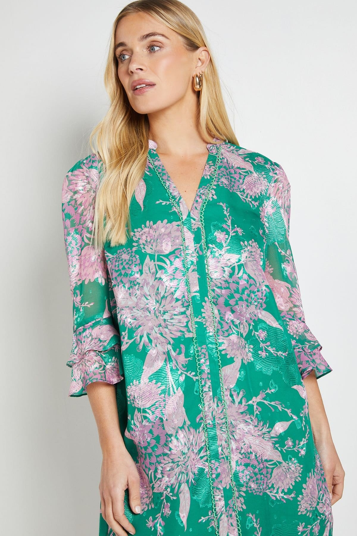 Wallis Wallis Women's Petite Floral Burn Out Ruffle Shift Dress in Green - 4