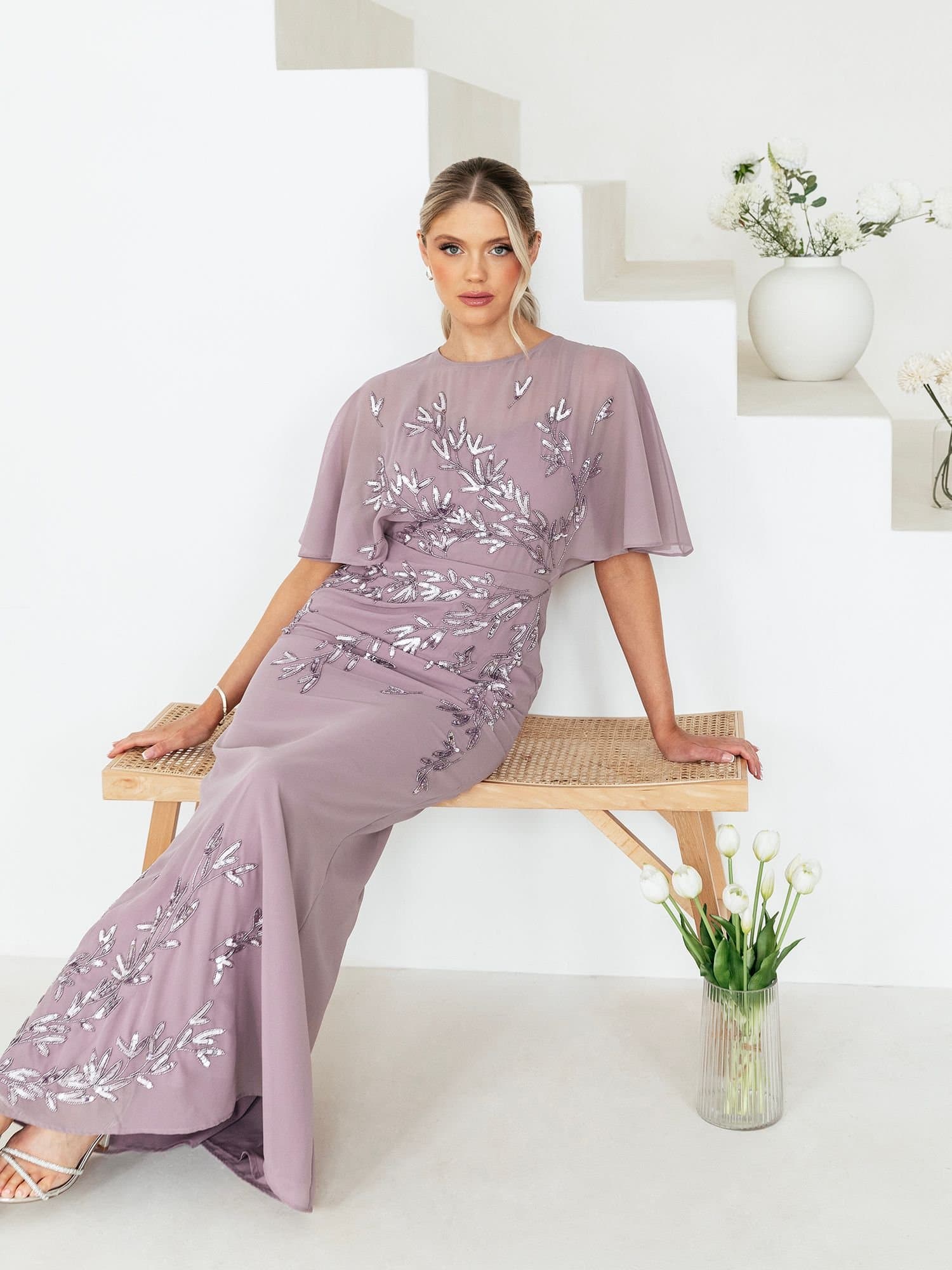 Maya Deluxe Maya Deluxe Women's Floral Embellished Angel Sleeve Maxi Dress in Purple