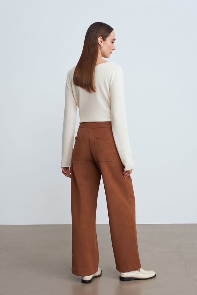 Dilvin Dilvin Women's High-Waist Wide-Leg Faux Suede Trousers in Camel - 2