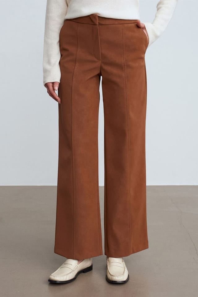 Dilvin Dilvin Women's High-Waist Wide-Leg Faux Suede Trousers in Camel - 3