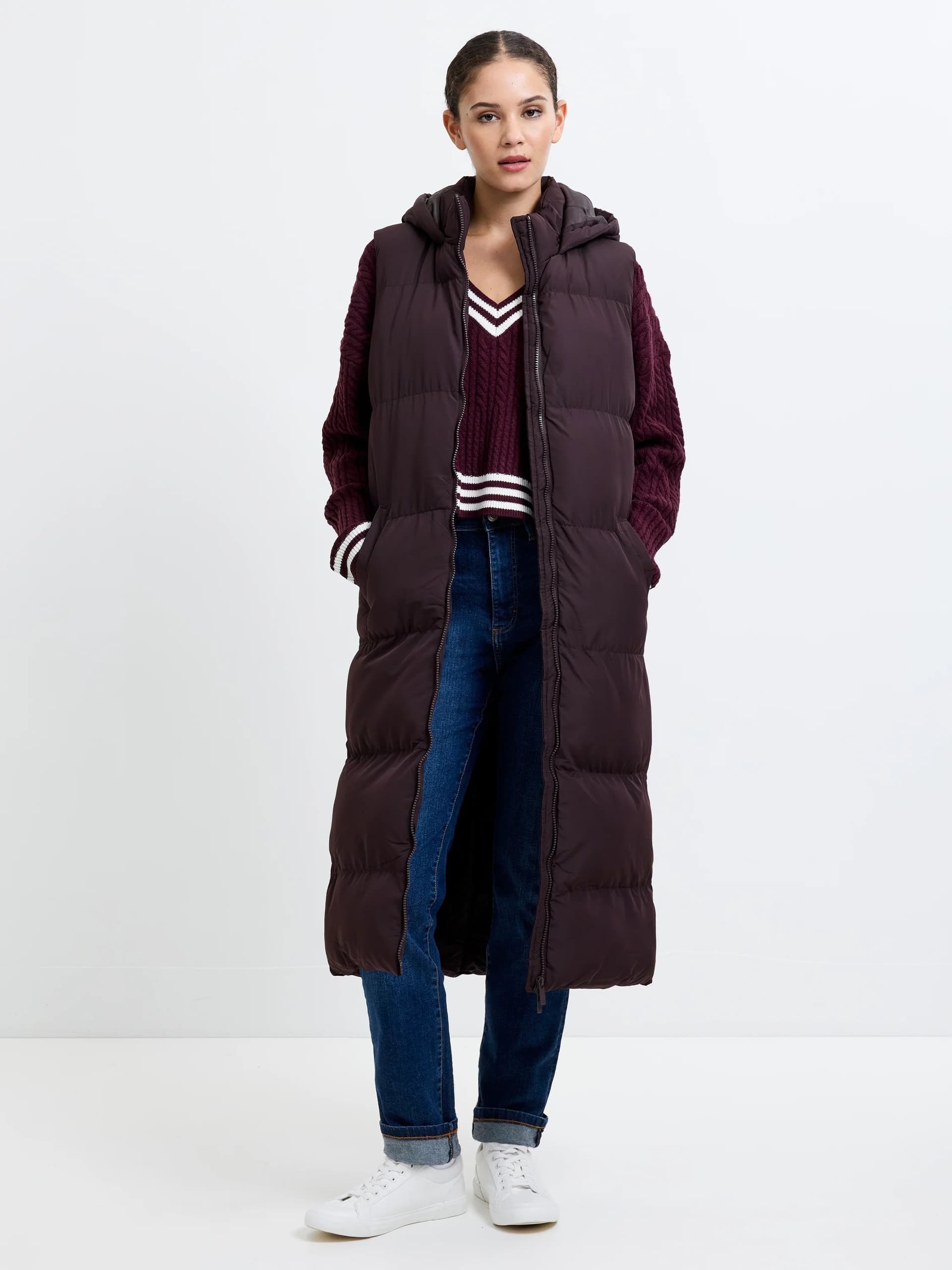 French Connection Hooded Puffer Row Gilet Chocolate Brown
