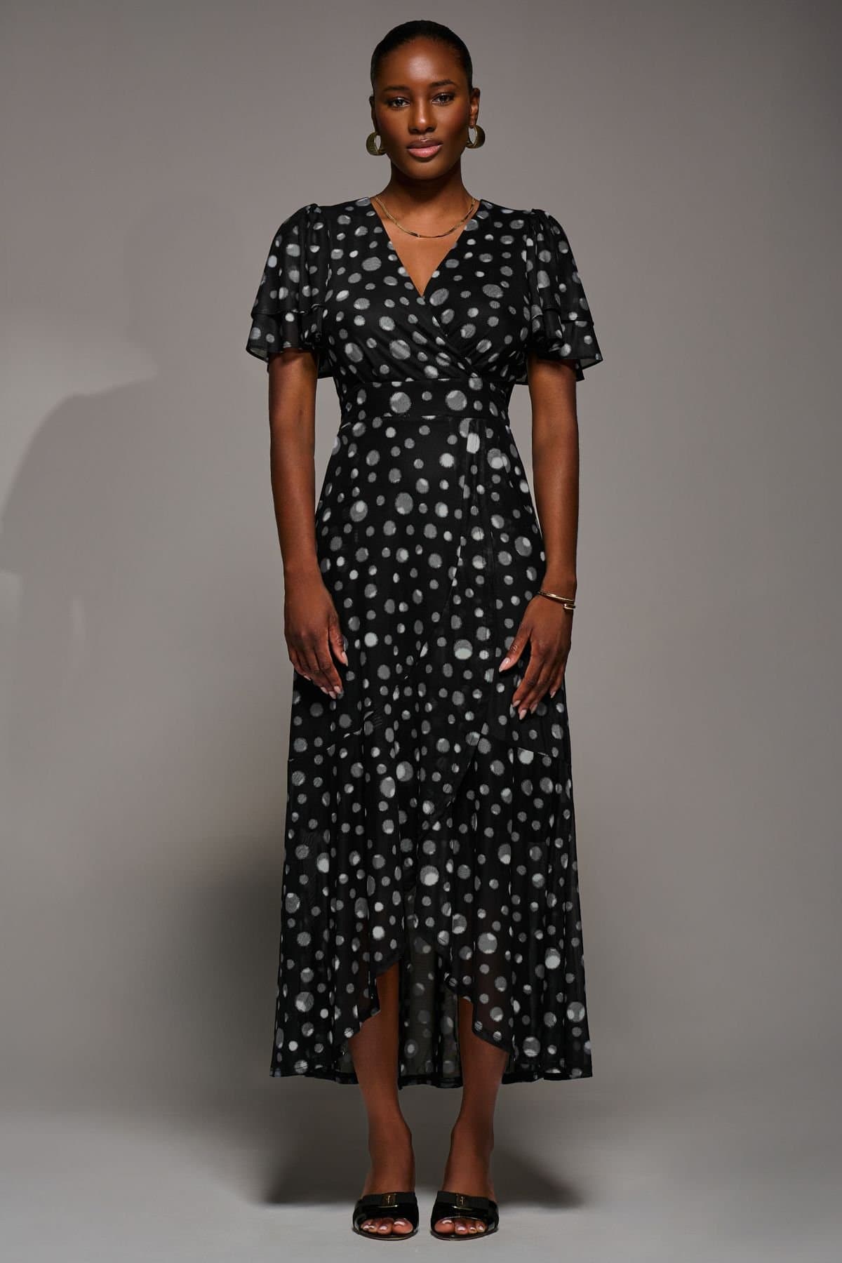 Jolie Moi Jolie Moi Women's Angel Sleeve Mesh Frill Wrap Maxi Dress in Black