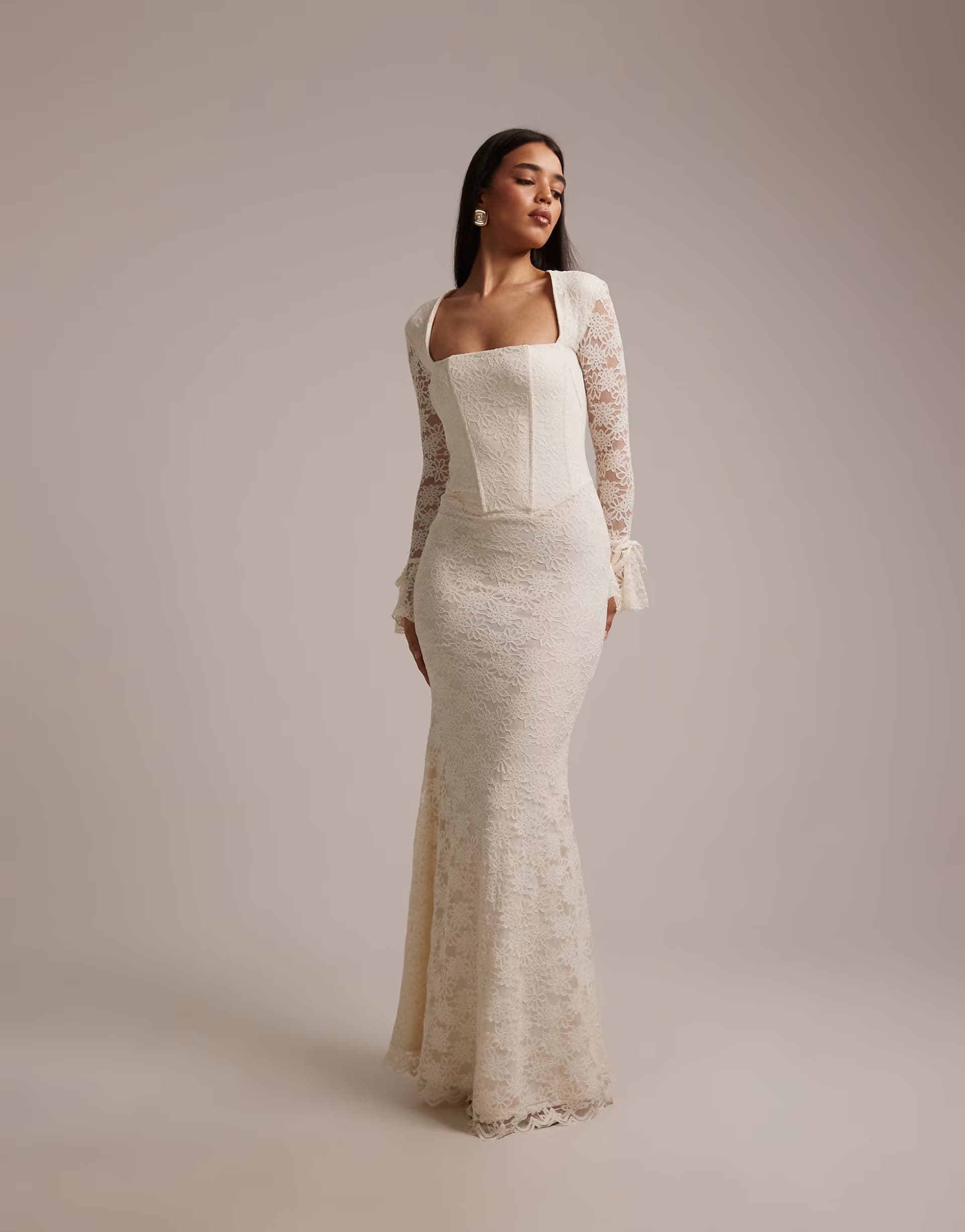 ASOS Wanderdoll Juliette bridal square neck corset detail bow tie sleeve lace maxi dress in vanilla