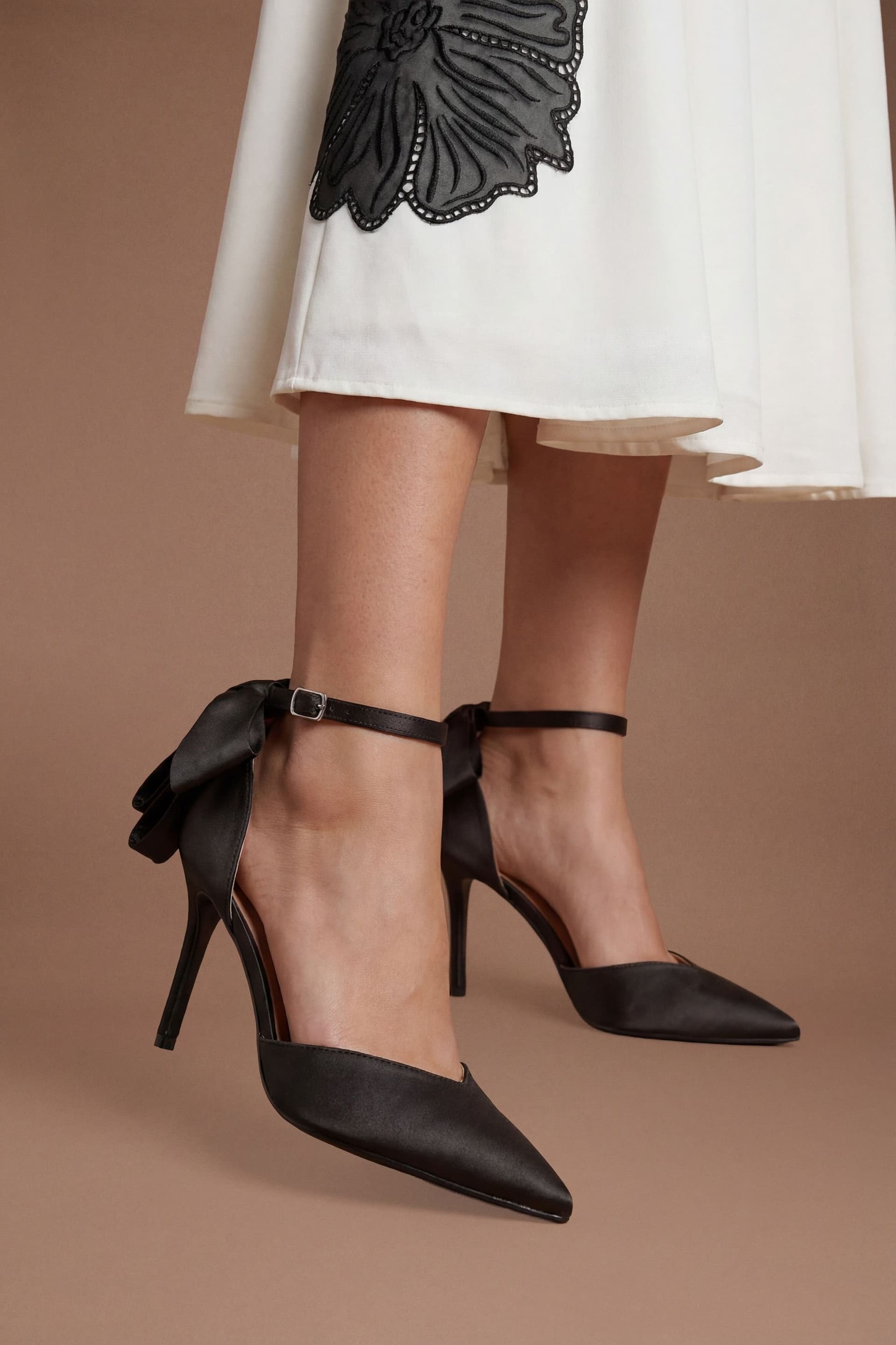 Coast Coast Women's Kittie Satin Bow Pointed High Stiletto Heel Comfort Sock Court Shoes in Black