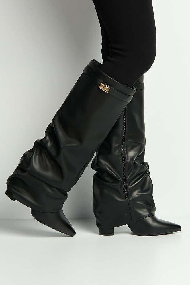 Miss Diva Miss Diva Black Ruched Boots with Gold Trim