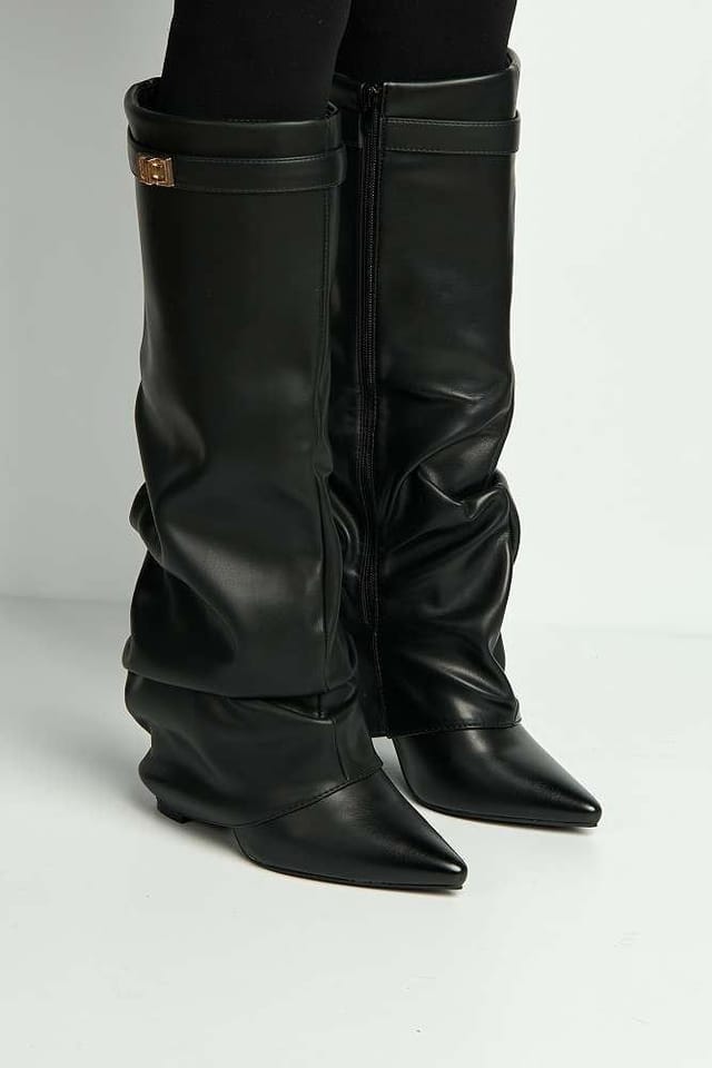 Miss Diva Miss Diva Women's Izel Block Heel Pointy Toe Gold Trim Buckle Ruched Boots in Black - 2