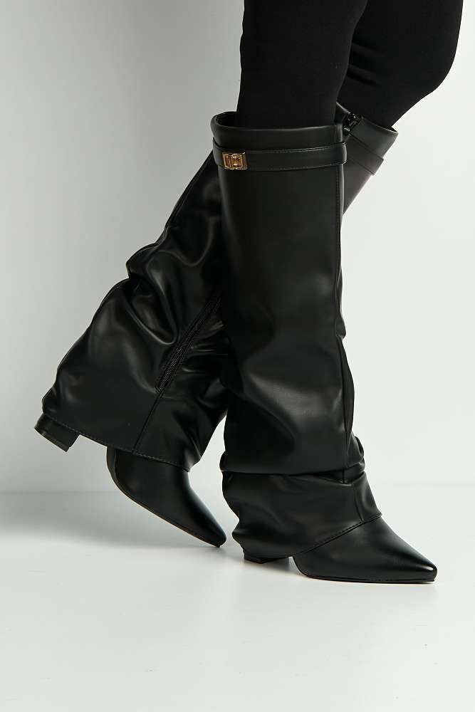 Miss Diva Miss Diva Women's Izel Block Heel Pointy Toe Gold Trim Buckle Ruched Boots in Black - 3