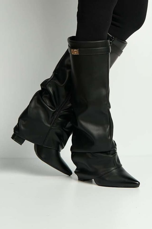 Miss Diva Miss Diva Women's Izel Block Heel Pointy Toe Gold Trim Buckle Ruched Boots in Black - 3