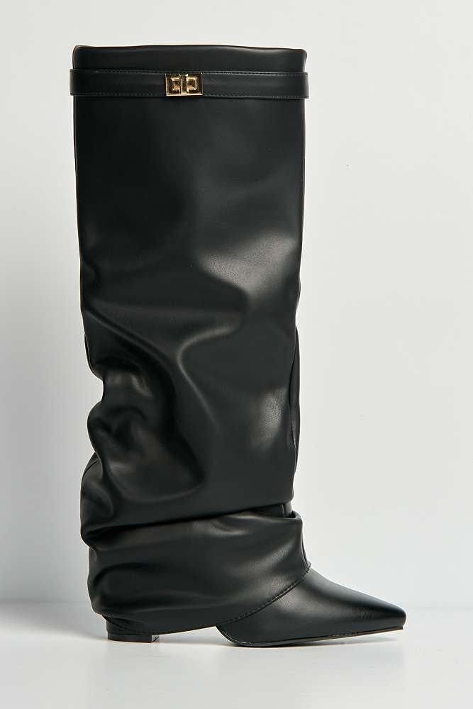 Miss Diva Miss Diva Women's Izel Block Heel Pointy Toe Gold Trim Buckle Ruched Boots in Black - 4