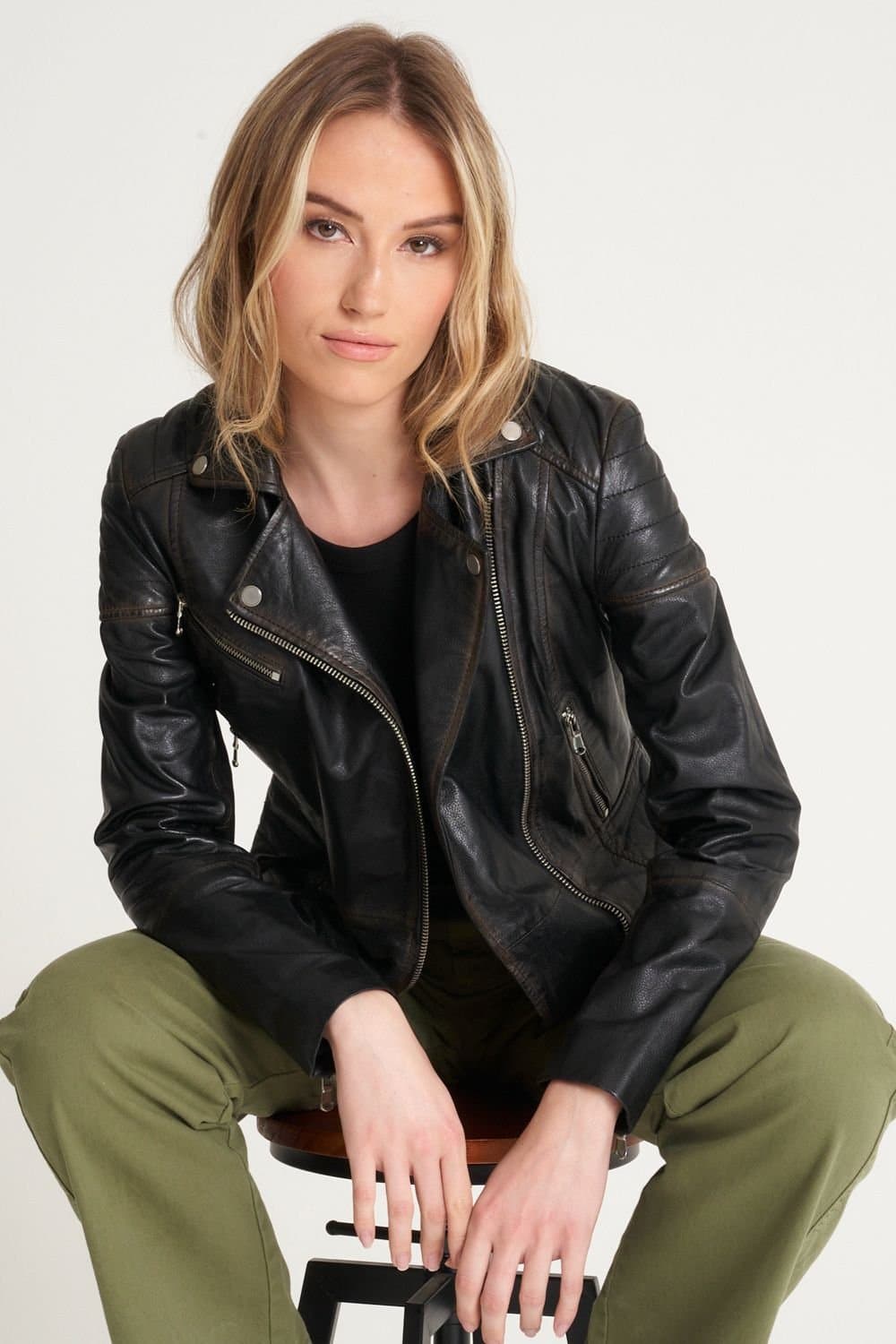 Barneys Originals Barneys Originals Women's Washed Leather Biker Jacket in Black