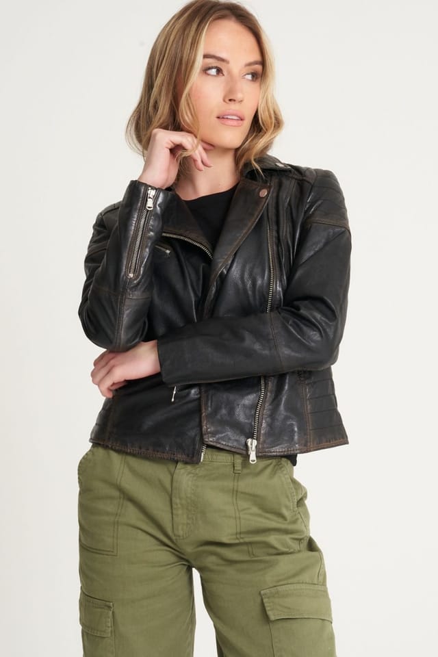 Barneys Originals Barneys Originals Women's Washed Leather Biker Jacket in Black - 2