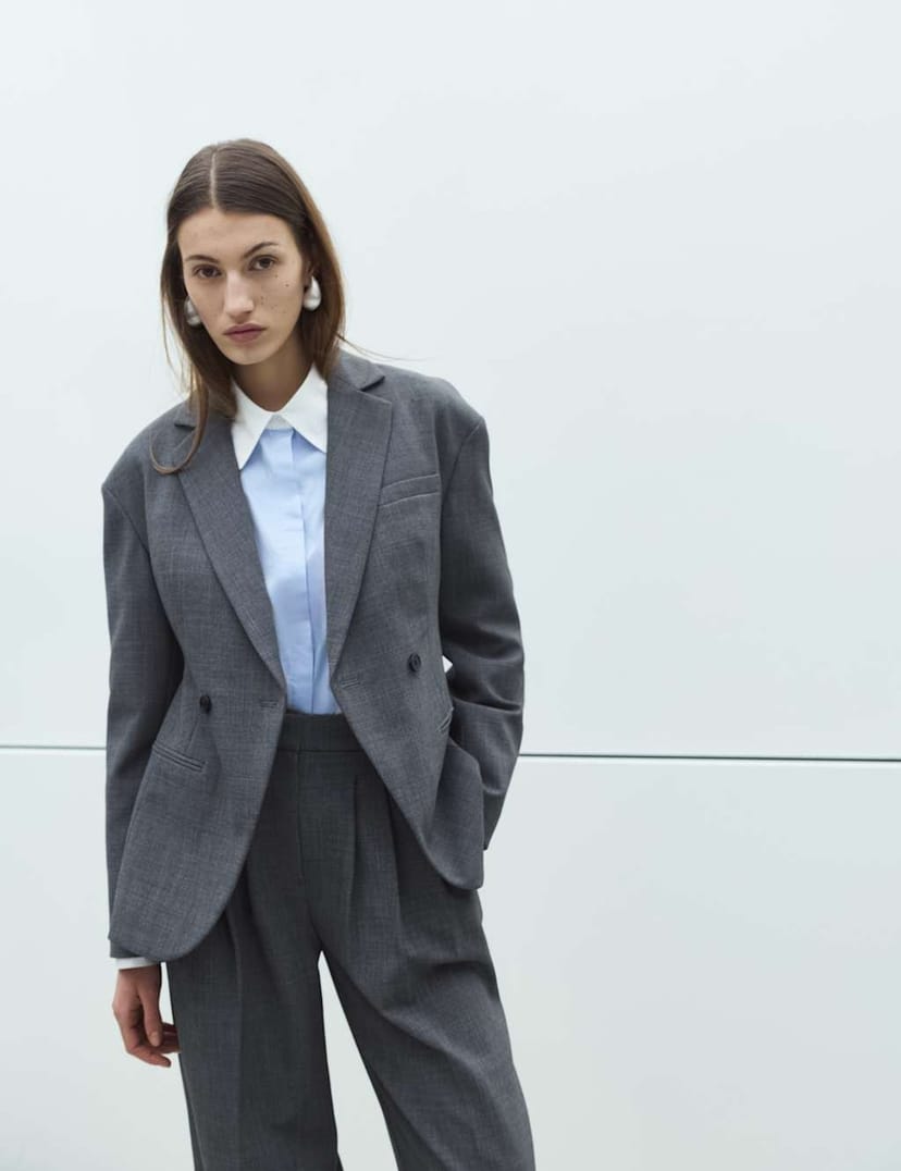 Marks & Spencer M&S Waisted Double Breasted Longline Blazer Grey - 1