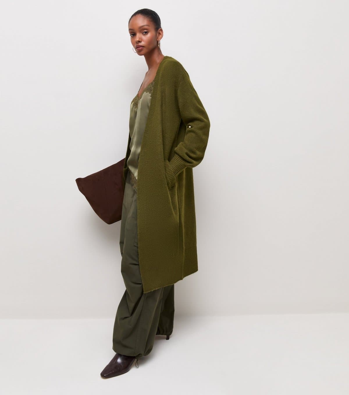 New Look Women's Dark Khaki Midweight Knit Side Pocket Mid Length Cardigan New Look