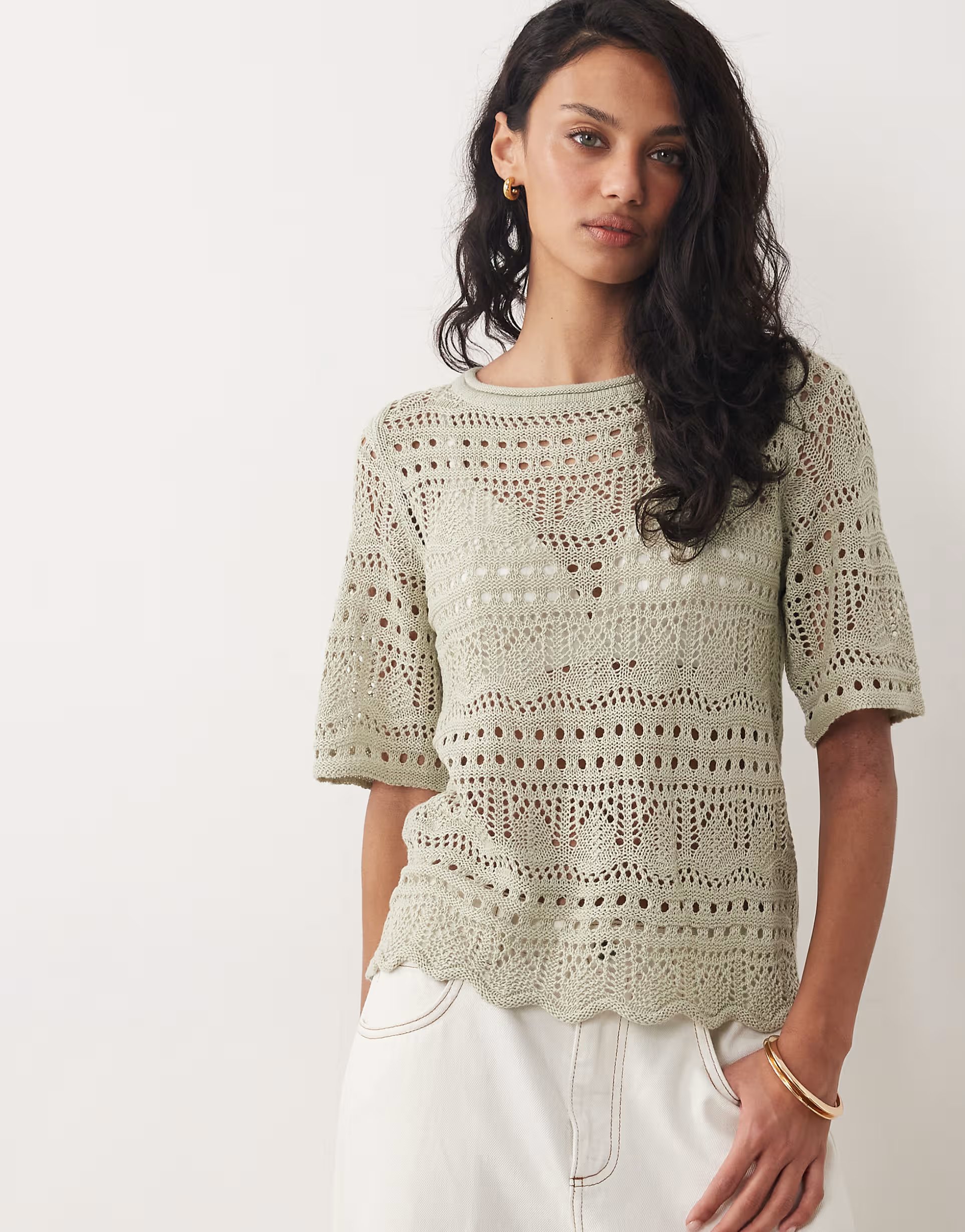 ASOS JDY crochet open knit half sleeve top in sage - 1